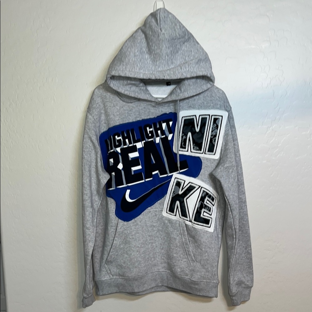Upcycled Nike x Boutique Gray and Blue Sporty Pullover Hoodie M